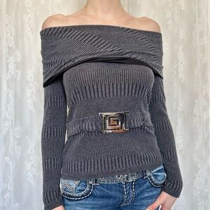 Y2K 2000s Off The Shoulder Gray Sweater